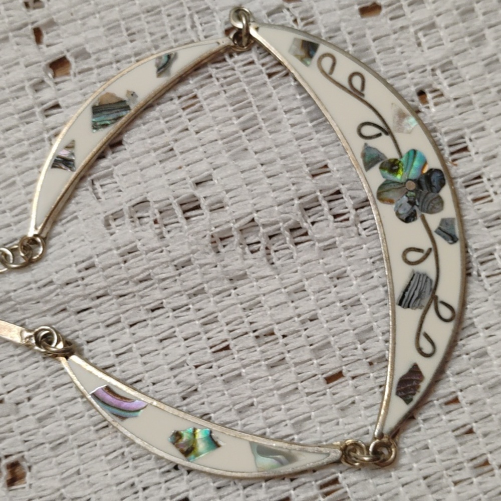 Mother Pearl Floral Design Chocker Style  Alpaca Mexico Engraved
